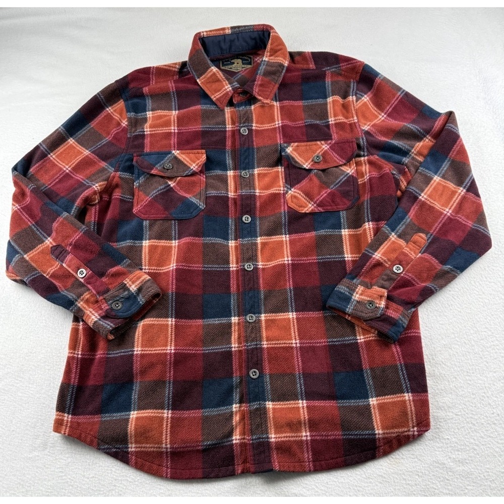 Freedom Foundry Fleece Shirt Mens XL Orange Red Blue Plaid Button-Up Long Sleeve